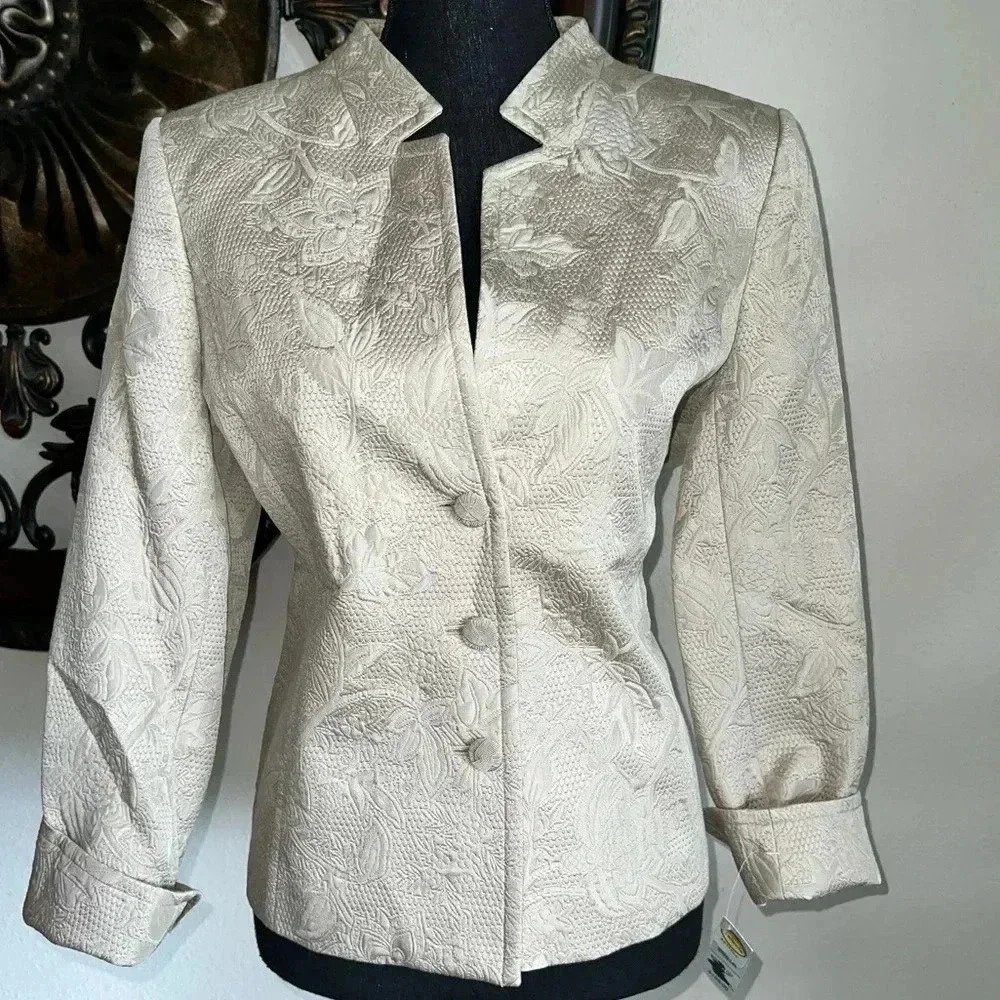 Talbots Women’s Petites Silk Blend Taupe Quilted Blazer Jacket Jacquard Size 10P